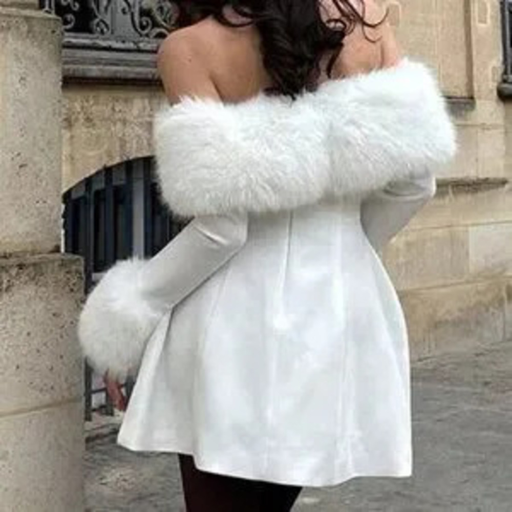ZARA White Elegant Women's Knitted Long Sleeve Sexy Dress with Faux Fur Collar